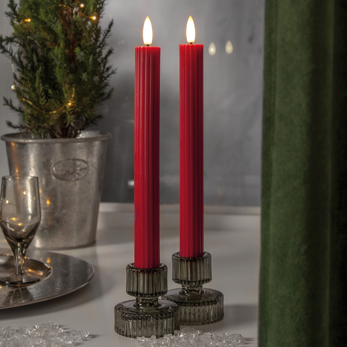 LED-Echtwachskerzen FLAMME STRIPE1 warmweiße flackernde LED 2er-Set H250 Ø21 rot