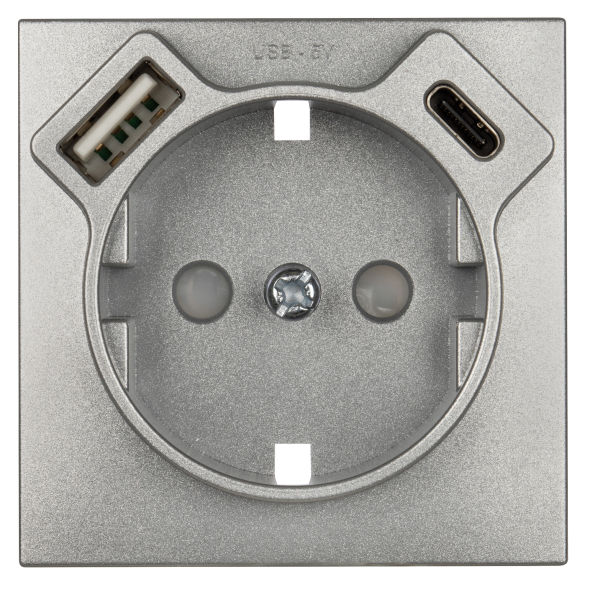 Zentralplatte für Schutzkontaktsteckdose 1 x USB-A + 1 x USB-C LOGUS 90 alu-silber Zentralplatte für Schutzkontaktsteckdose 1 x USB-A + 1 x USB-C LOGUS 90 alu-silber
