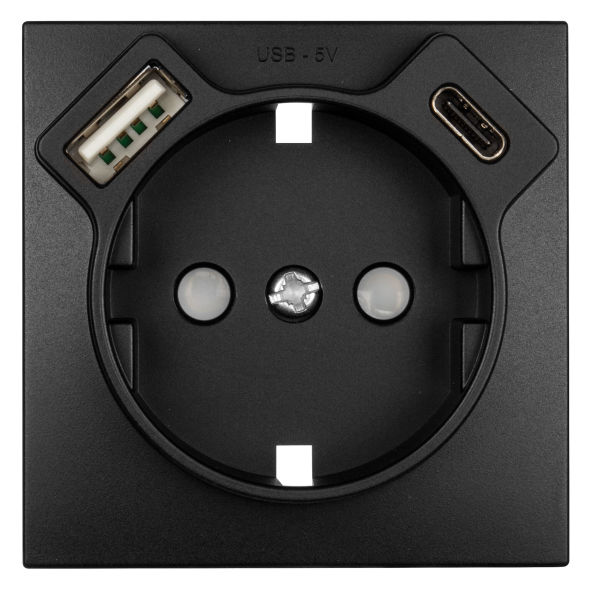 Zentralplatte für Schutzkontaktsteckdose 1 x USB-A + 1 x USB-C LOGUS 90 schwarz-matt