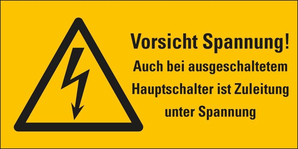 Warnschild Vorsicht Spannung! Auch bei ausgeschaltetem Hauptschalter ist Zuleitung unter Spannung Blitzpfeil RoHS konform Folie selbstklebend 105 mm x 52 mm 1 Stück Warnschild Vorsicht Spannung! Auch bei ausgeschaltetem Hauptschalter ist Zuleitung unter Spannung Blitzpfeil RoHS konform Folie selbstklebend 105 mm x 52 mm 1 Stück