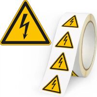 Warnschild Warnung vor elektrischer Spannung Blitzpfeil Folie selbstklebend Schenkellänge 50 mm 500 St./Rolle