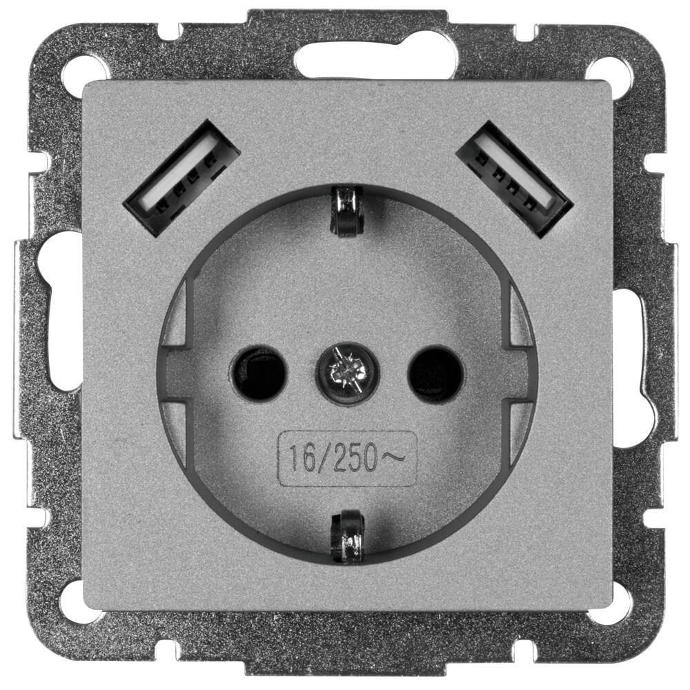 Kombi-Steckdose 2 x USB-Ausgang 5V silber matt Kombi-Steckdose 2 x USB-Ausgang 5V silber matt
