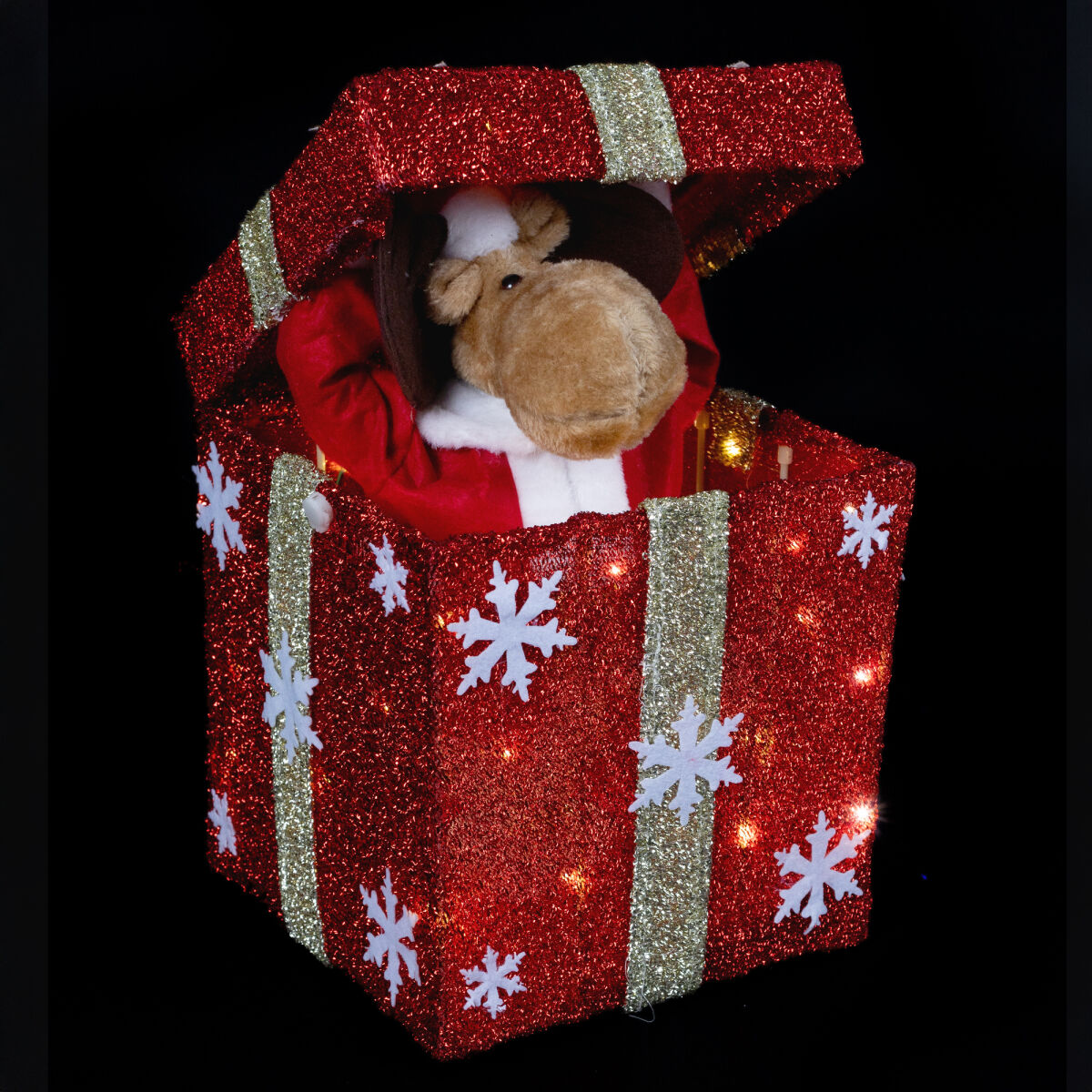 Rentier in Geschenkbox mit Bewegungen und Musik warmweiße LEDs