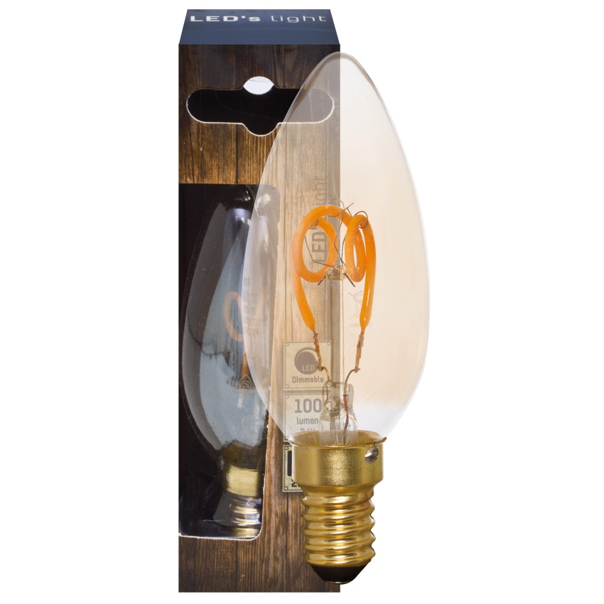 Spiral-LED-Lampe, Kerzen-Form, E14/240V/3W, gold getönt, 100 lm, L 98, Ø 35 Spiral-LED-Lampe, Kerzen-Form, E14/240V/3W, gold getönt, 100 lm, L 98, Ø 35