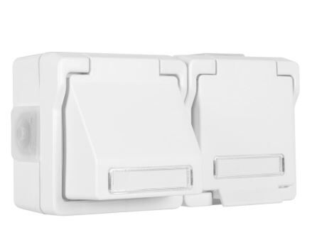 Datendose, waagerecht, für 1+2 Universal-Module und Schutzkontaktsteckdose mit Klappdeckel Datendose, waagerecht, für 1+2 Universal-Module und Schutzkontaktsteckdose mit Klappdeckel