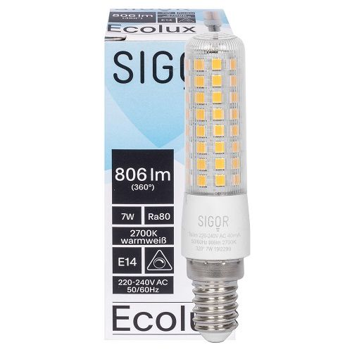 LED-Lampe ECOLUX Röhren-Form klar E14/7W (60W) 806 lm 2700K LED-Lampe ECOLUX Röhren-Form klar E14/7W (60W) 806 lm 2700K