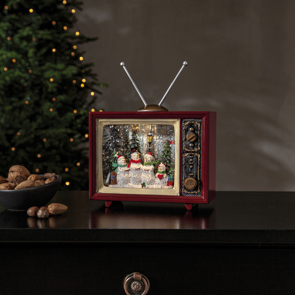 Schneelaterne VINTER Schneemänner im Fernseher 1 warmweiße LED