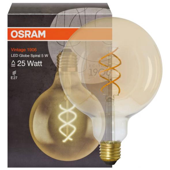 LED-Filament-Lampe VINTAGE 1906 Globe-Form, gold E27/5W (25W), 250 lm 2000K, Spiral-Filament LED-Filament-Lampe VINTAGE 1906 Globe-Form, gold E27/5W (25W), 250 lm 2000K, Spiral-Filament
