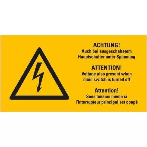 Warnschild ACHTUNG! Auch bei ausgeschaltetem Hauptschalter unter Spannung 3-sprachig Blitzpfeil RoHS konform Folie selbstklebend 52 mm x 26 mm 10 St./Bogen Warnschild ACHTUNG! Auch bei ausgeschaltetem Hauptschalter unter Spannung 3-sprachig Blitzpfeil RoHS konform Folie selbstklebend 52 mm x 26 mm 10 St./Bogen