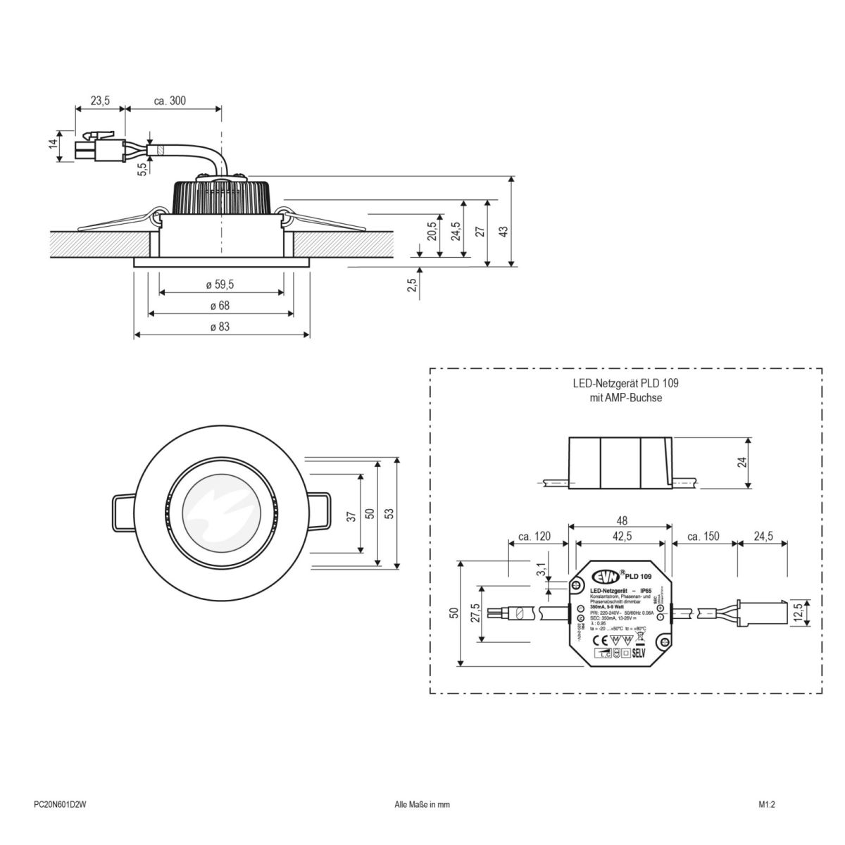 P-LED Deckeneinbauleuchte PC20N601D2W