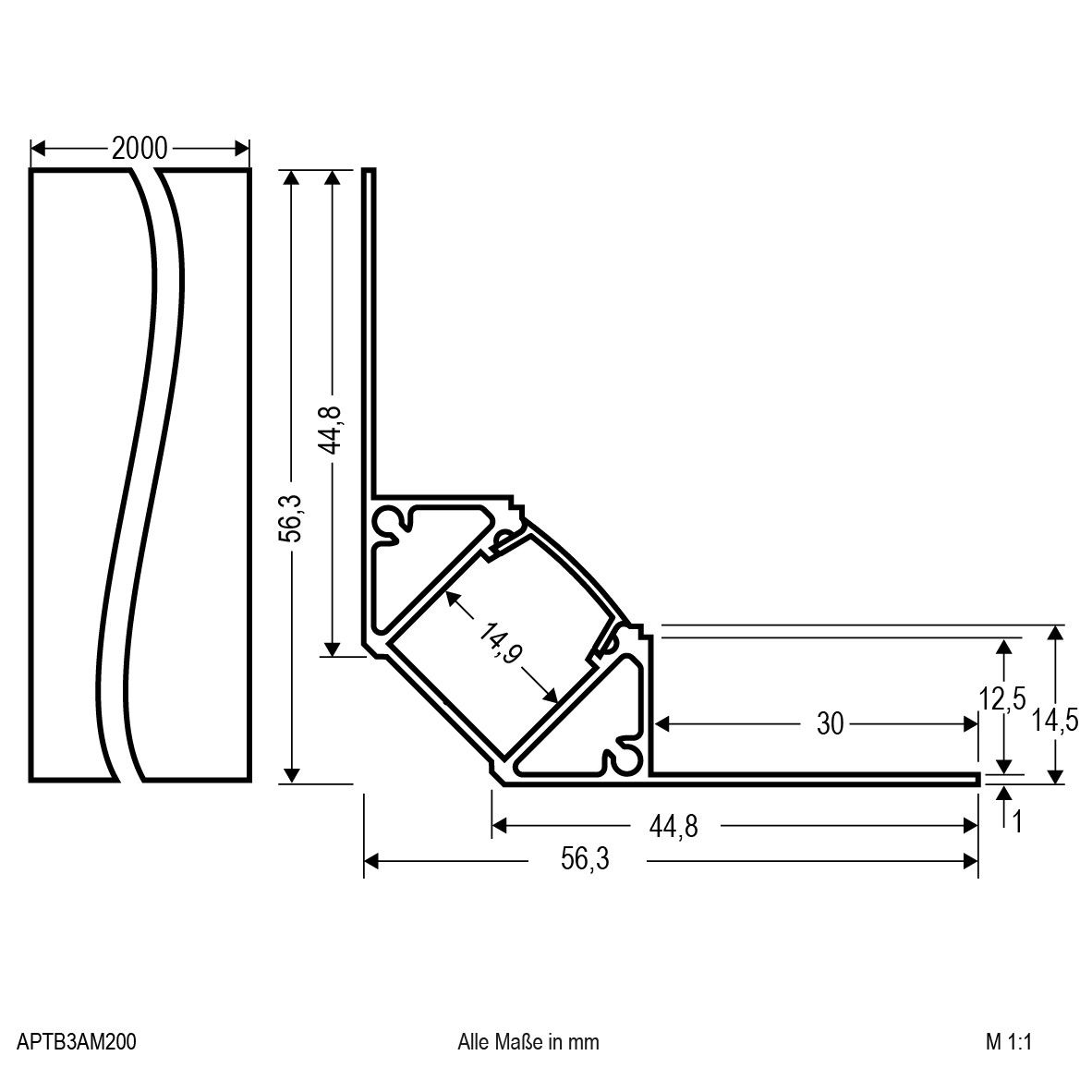 Alu-Profil m. Abdeckung APTB3AM200