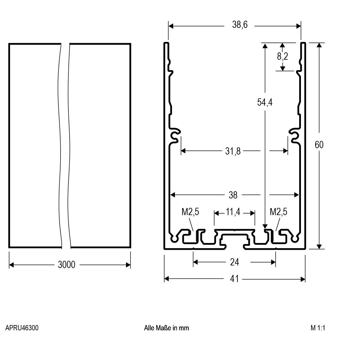 Aluminiumprofil 3m APRU46300