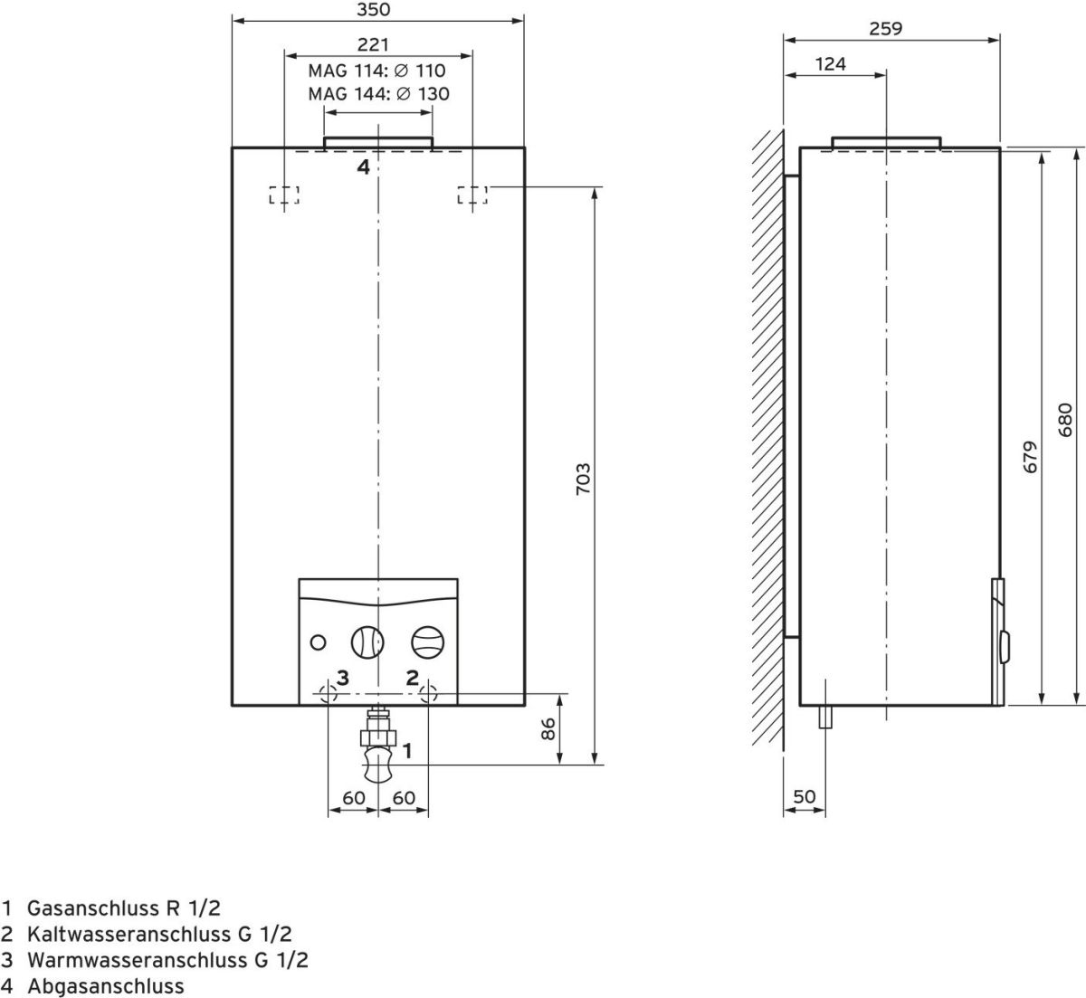 Gas-Durchlaufwasserhitzer MAG 114/1 I LL-Gas
